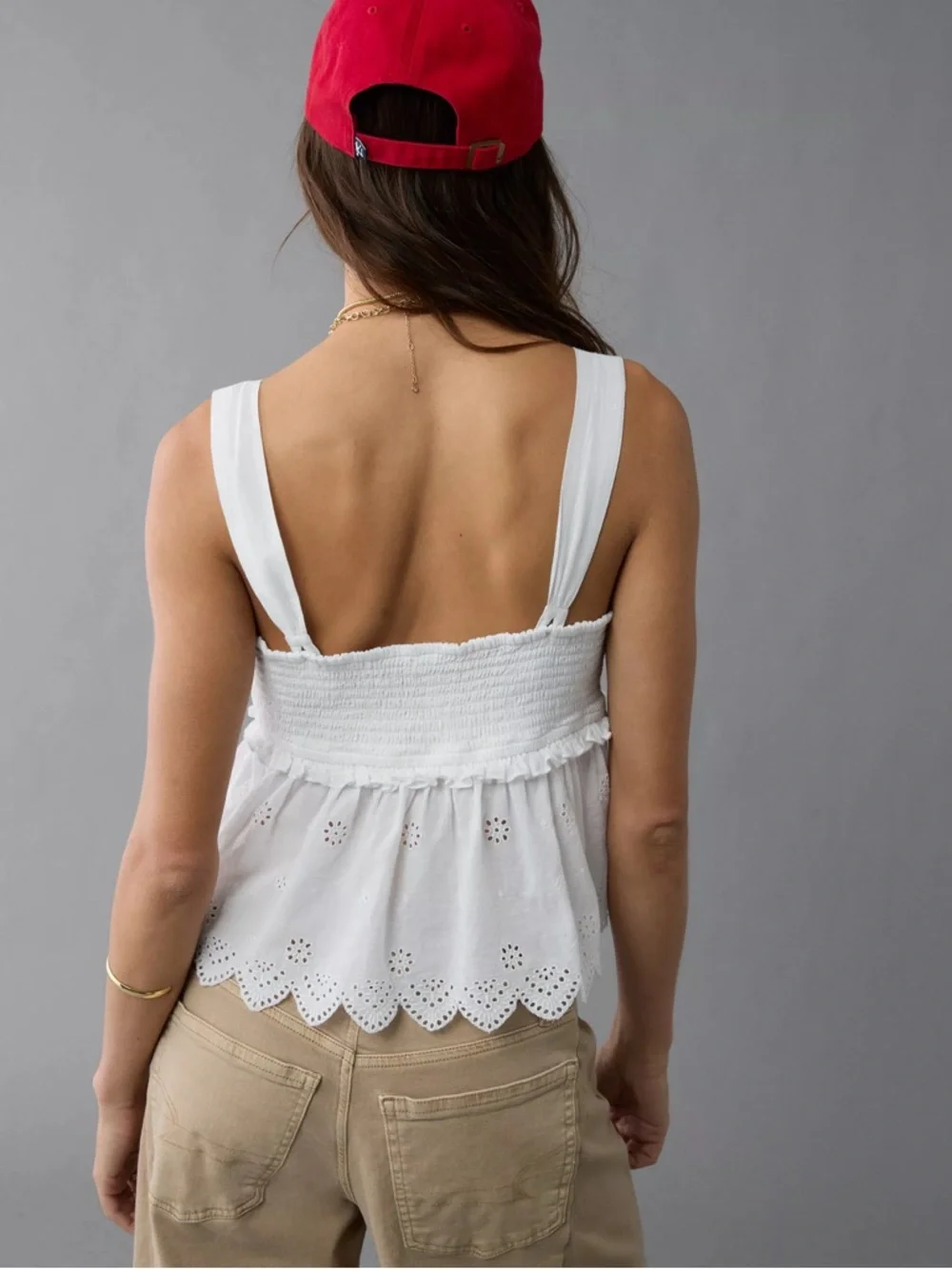 AMERICAN EAGLE S Smocked Babydoll Shirt in White Eyelet Trim Sleeveless Tank Top - Picture 10 of 12